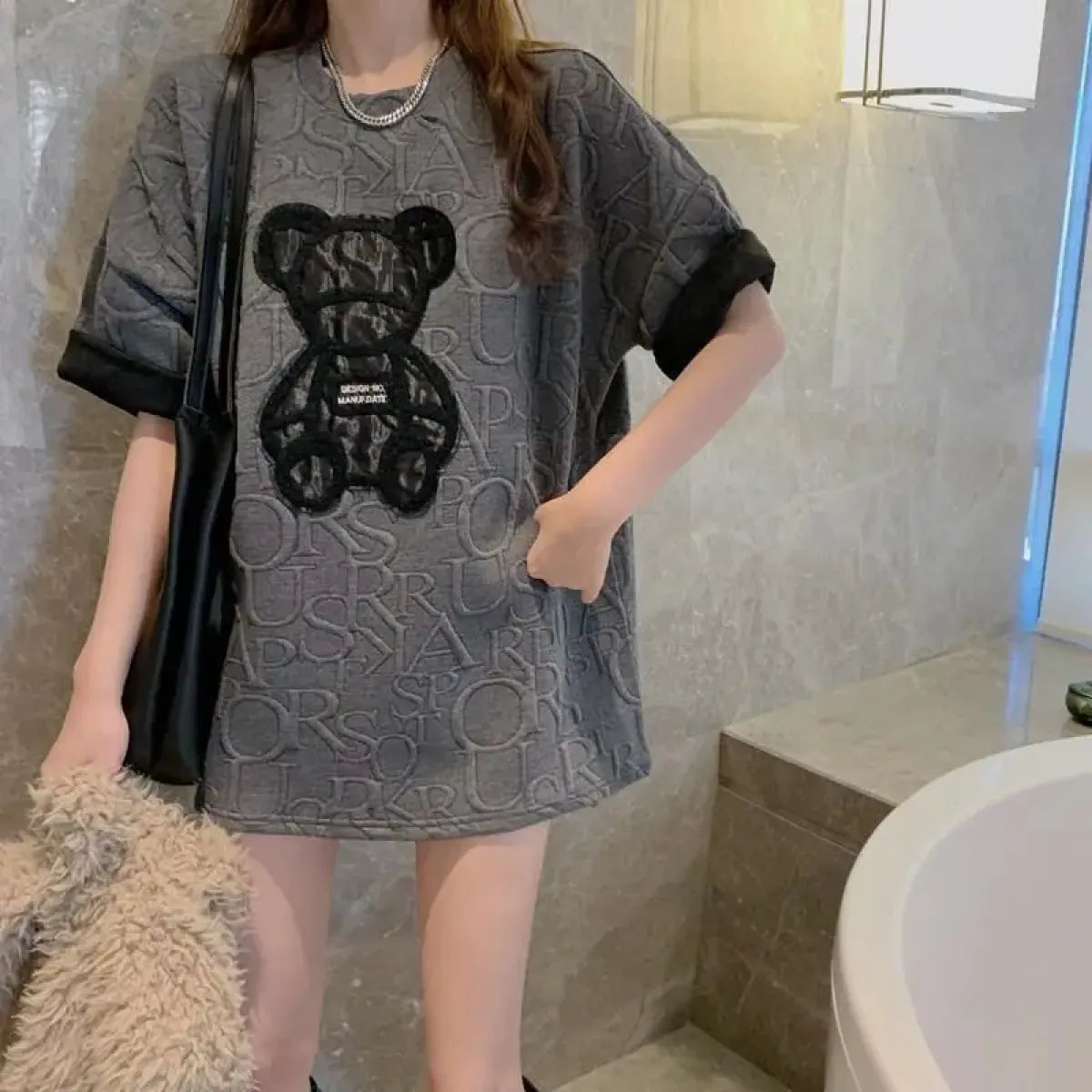 Harajuku Bear Jacquard T-shirt - Plus Size Loose Summer Tee