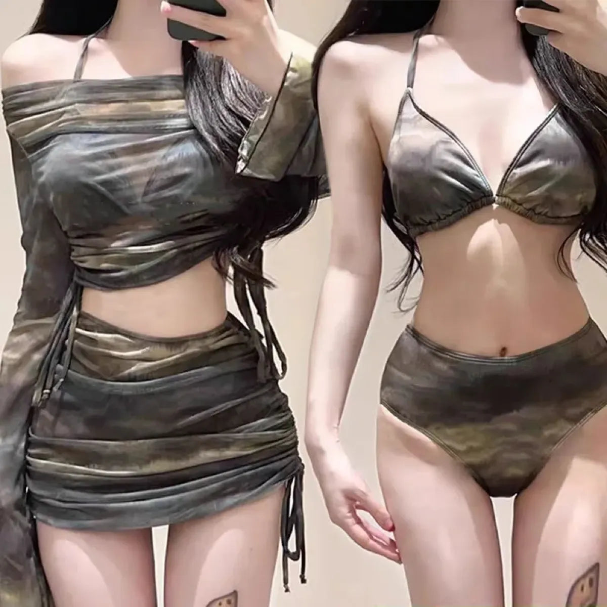 Dark Tie-Dye Off Shoulder Bikini Set – Harajuku Drawstring Mini Skirt