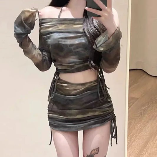 Dark Tie-Dye Off Shoulder Bikini Set – Harajuku Drawstring Mini Skirt