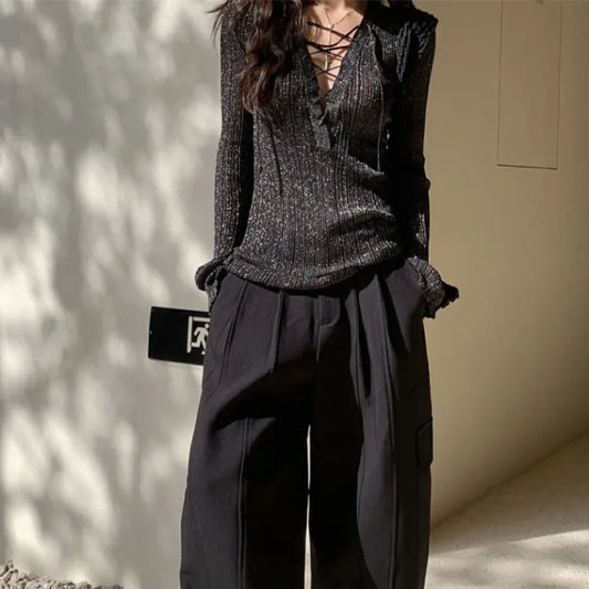 Glitter Lace-Up V-Neck Top – Y2K E-Girl Harajuku Knit Pullover