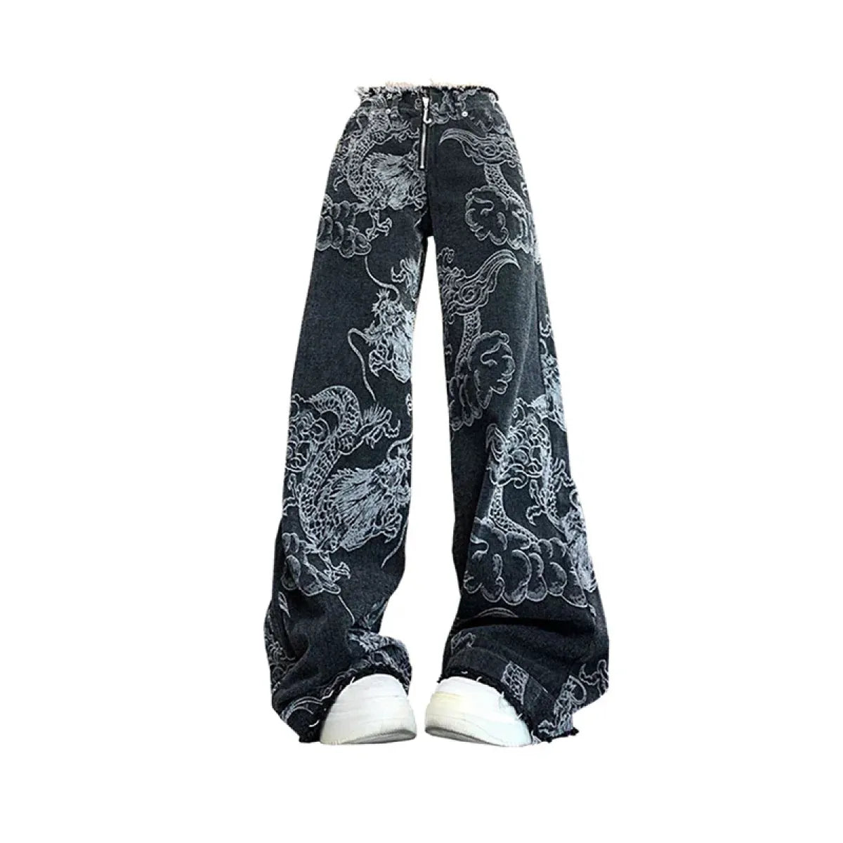 Gothic Dragon Print Baggy Jeans – Harajuku Y2K Aesthetic Denim
