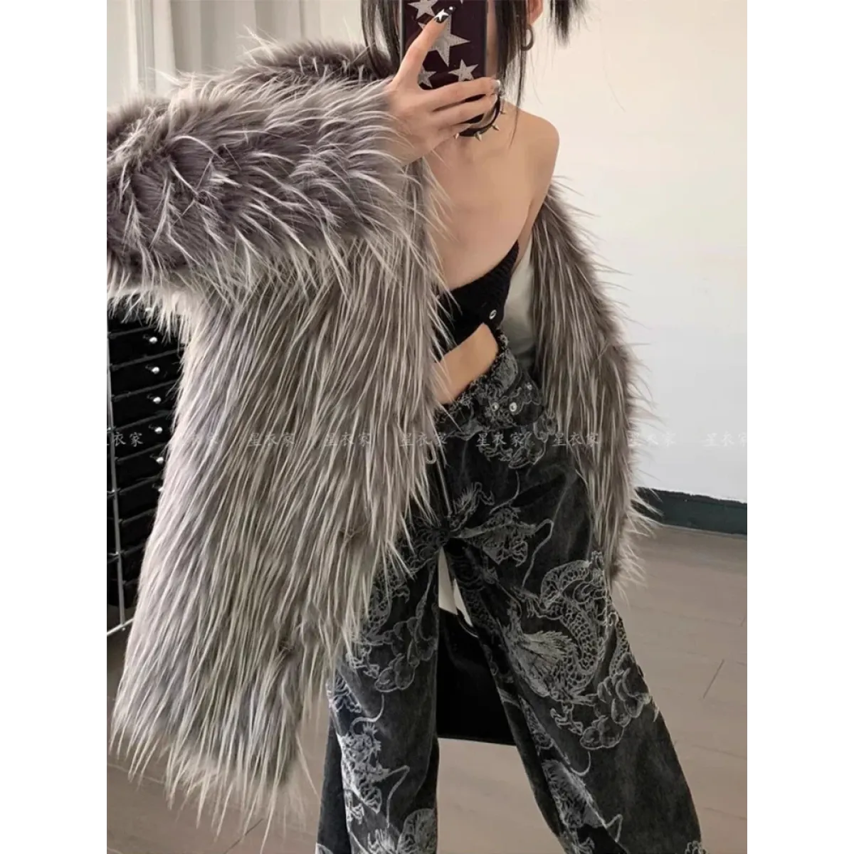 Gothic Dragon Print Baggy Jeans – Harajuku Y2K Aesthetic Denim