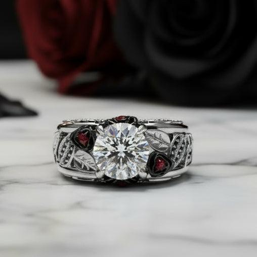 I Want You Promise Ring- 1.5 ct Round Cut Diamond Option and Black Roses Gothic Ring