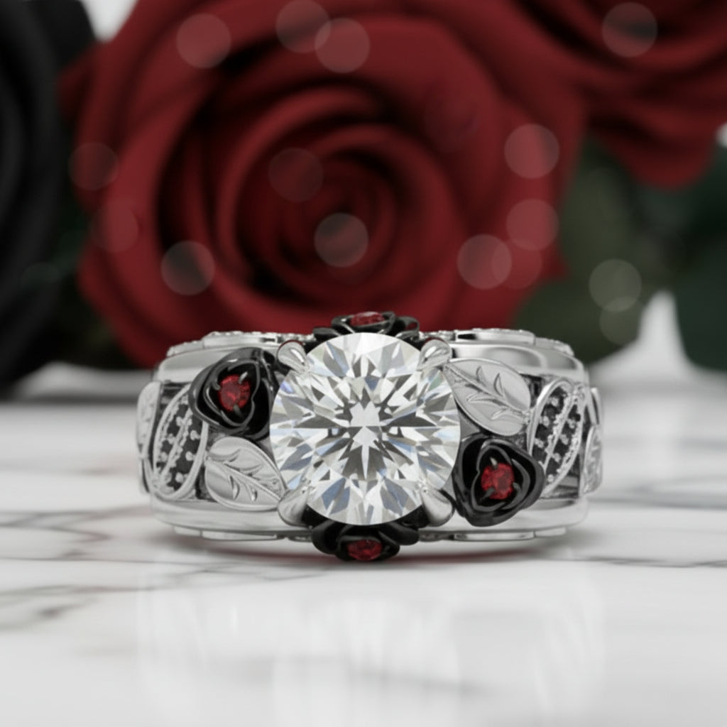I Want You Promise Ring- 1.5 ct Round Cut Diamond Option and Black Roses Gothic Ring