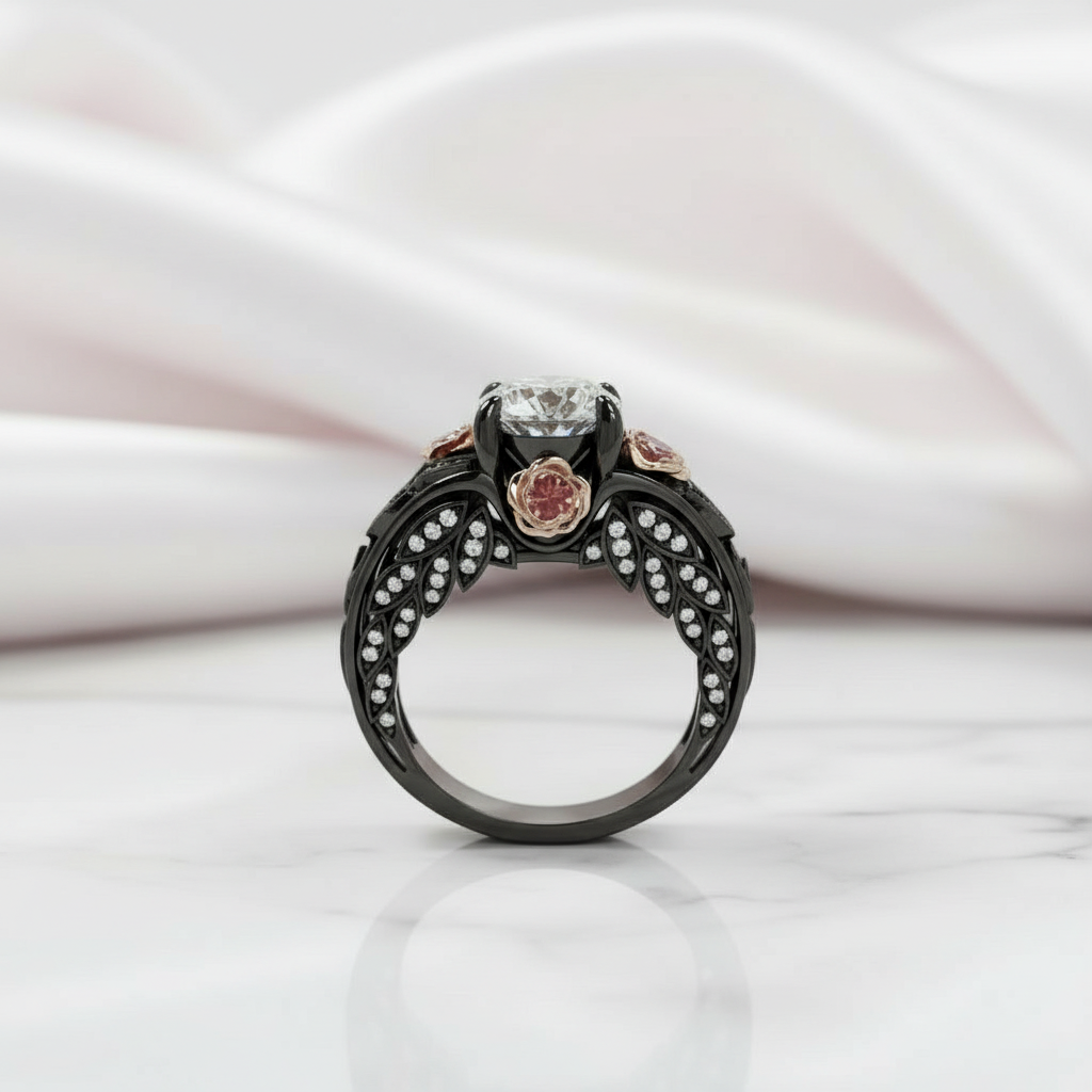 I Want You Promise Ring- 1.5 ct Round Cut Diamond Option and Black Roses Gothic Ring