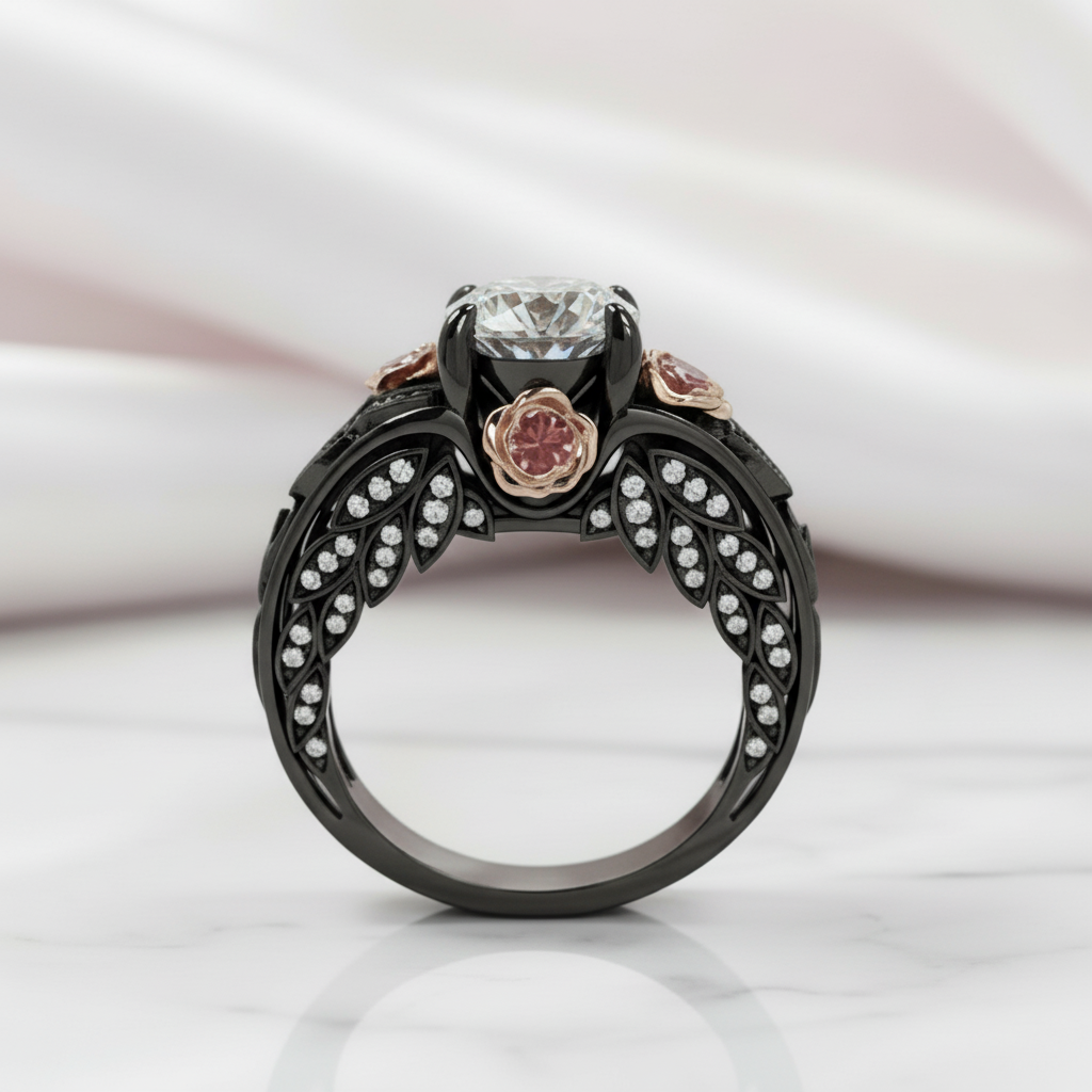 I Want You Promise Ring- 1.5 ct Round Cut Diamond Option and Black Roses Gothic Ring