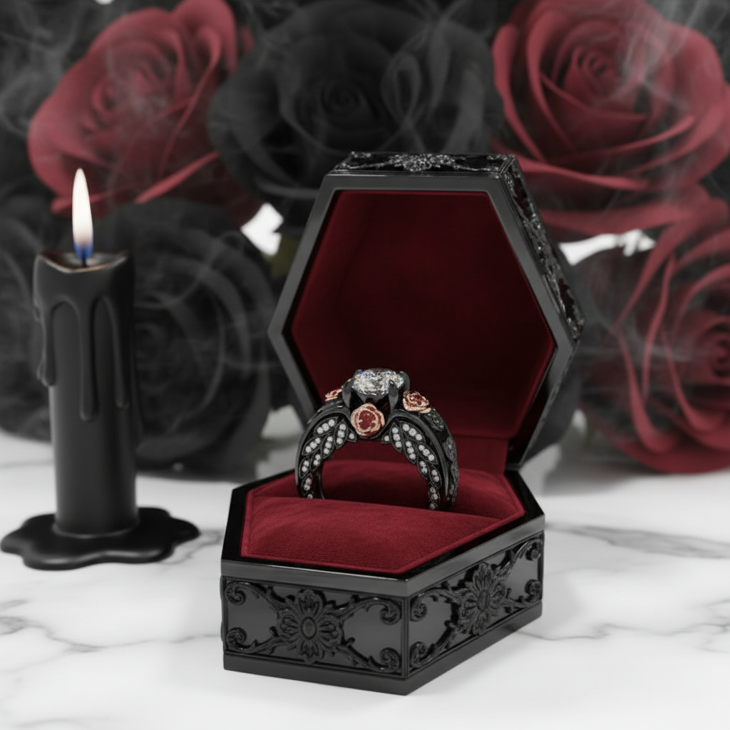 I Want You Promise Ring- 1.5 ct Round Cut Diamond Option and Black Roses Gothic Ring