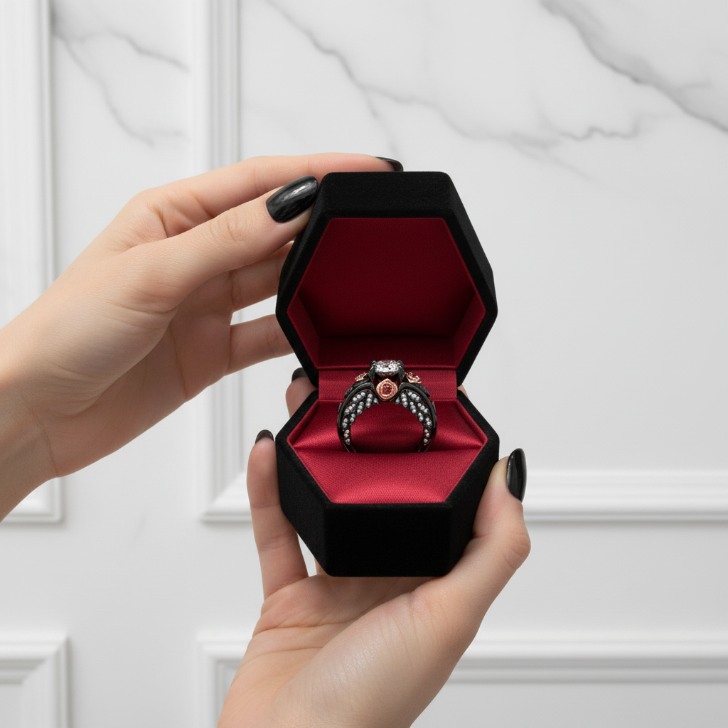 I Want You Promise Ring- 1.5 ct Round Cut Diamond Option and Black Roses Gothic Ring
