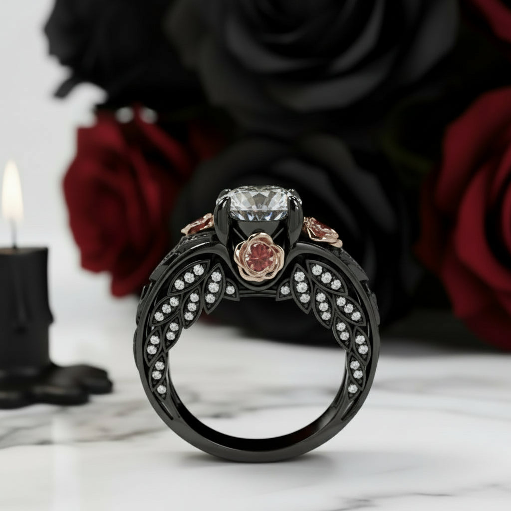 I Want You Promise Ring- 1.5 ct Round Cut Diamond Option and Black Roses Gothic Ring