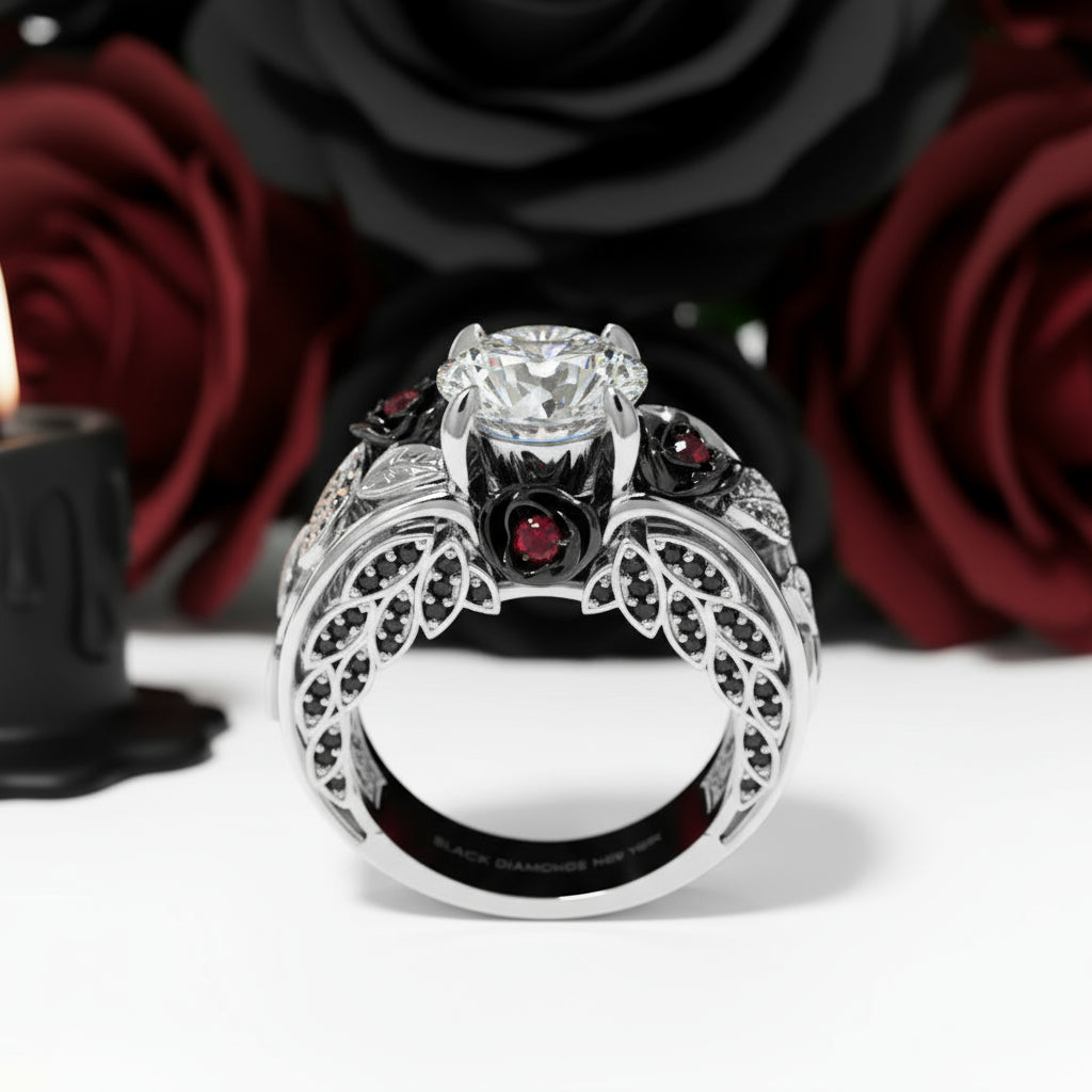 I Want You Promise Ring- 1.5 ct Round Cut Diamond Option and Black Roses Gothic Ring