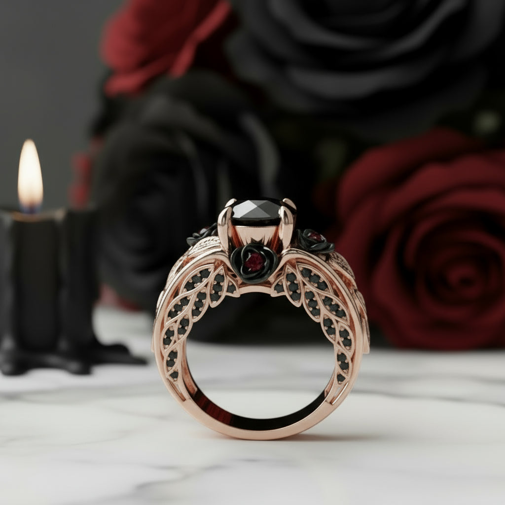 I Want You Promise Ring- 1.5 ct Round Cut Diamond Option and Black Roses Gothic Ring