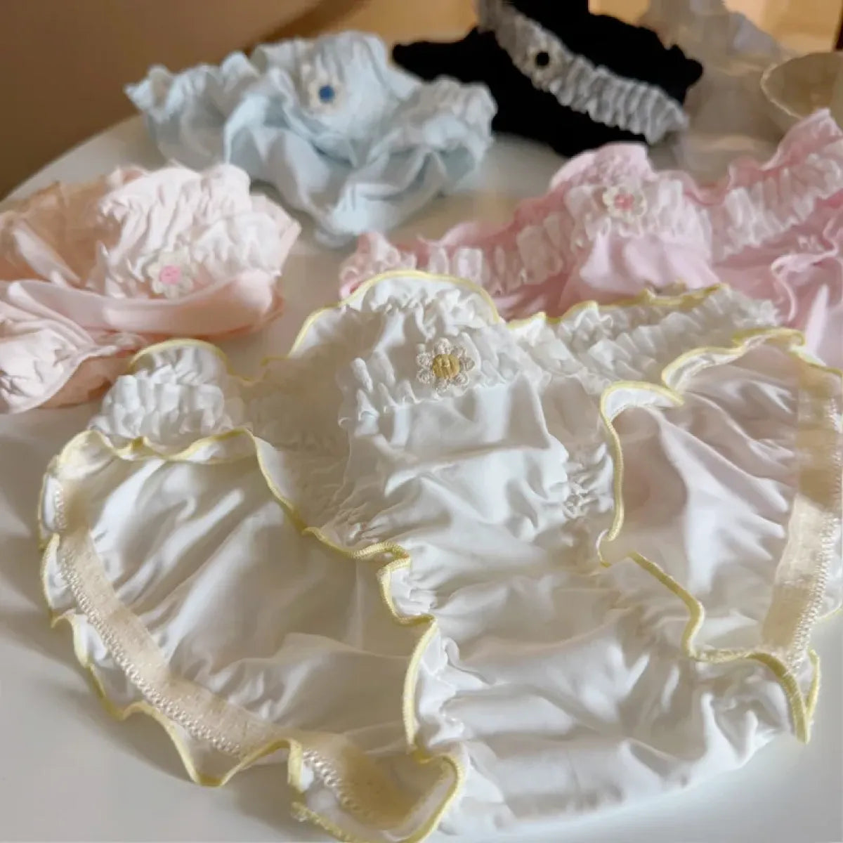 Sweet Girl Ruffle Lace Panties – Ice Silk Mid-Waist Cotton Briefs