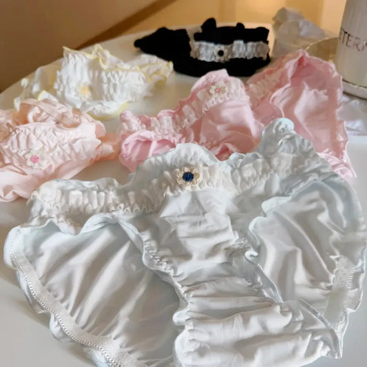 Sweet Girl Ruffle Lace Panties – Ice Silk Mid-Waist Cotton Briefs