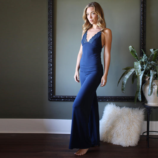 Lingerie Pajama Set, Bamboo Wide Leg Foldover Pants and lace trimmed Camisole
