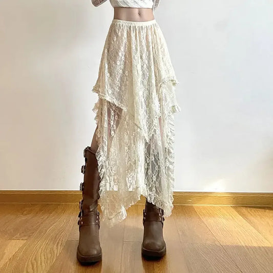 Ivory Lace Asymmetrical Skirt – Fairycore Vintage Boho High Waist