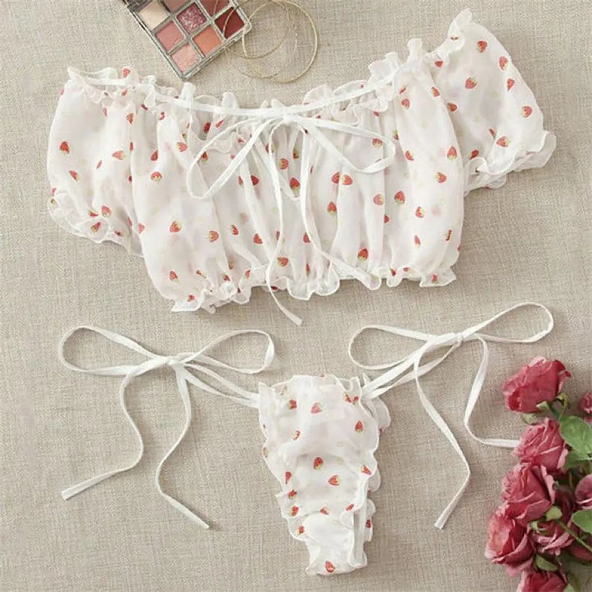 Off Shoulder Kawaii Lingerie Set - Cute Strawberry Print Bra with Ruffles
