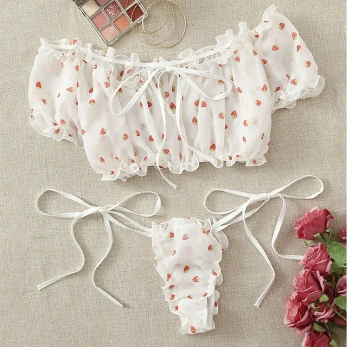 Off Shoulder Kawaii Lingerie Set - Cute Strawberry Print Bra with Ruffles