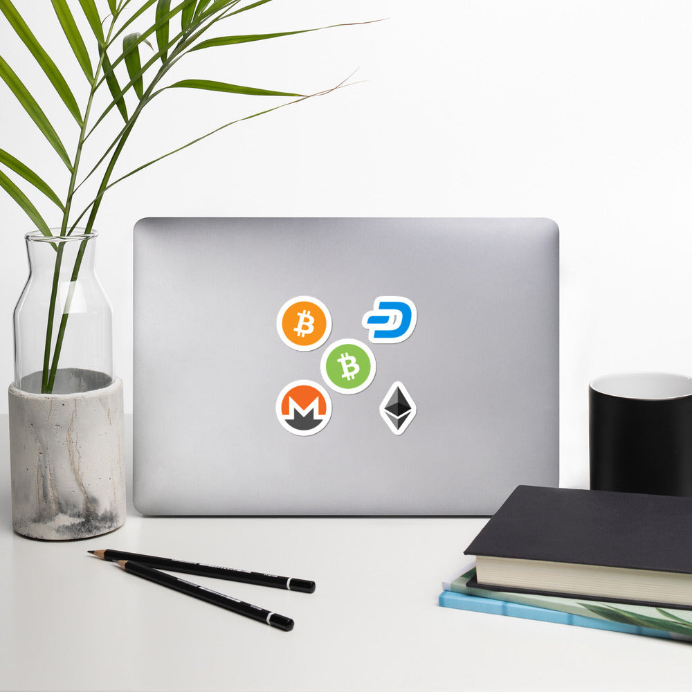Cryptocurrency (Bitcoin, Ethereum, Bitcoin Cash, Monero, Dash) Bubble-free stickers