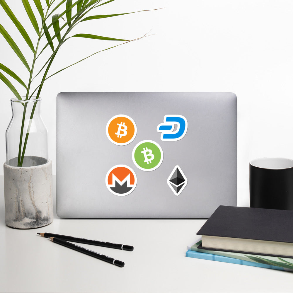 Cryptocurrency (Bitcoin, Ethereum, Bitcoin Cash, Monero, Dash) Bubble-free stickers