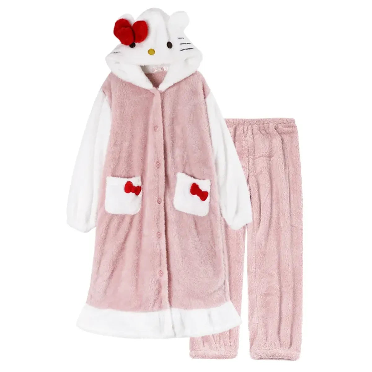 Hello Kitty Kawaii Bow Furry Pajamas - Sweet Long Anime Plush Loungewear