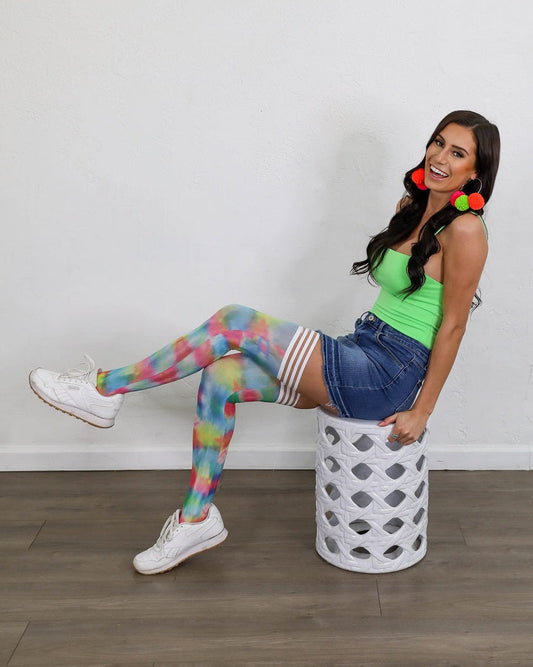 Gilly: Rainbow Tie Dye Thigh-Highs. Petite to Plus Size