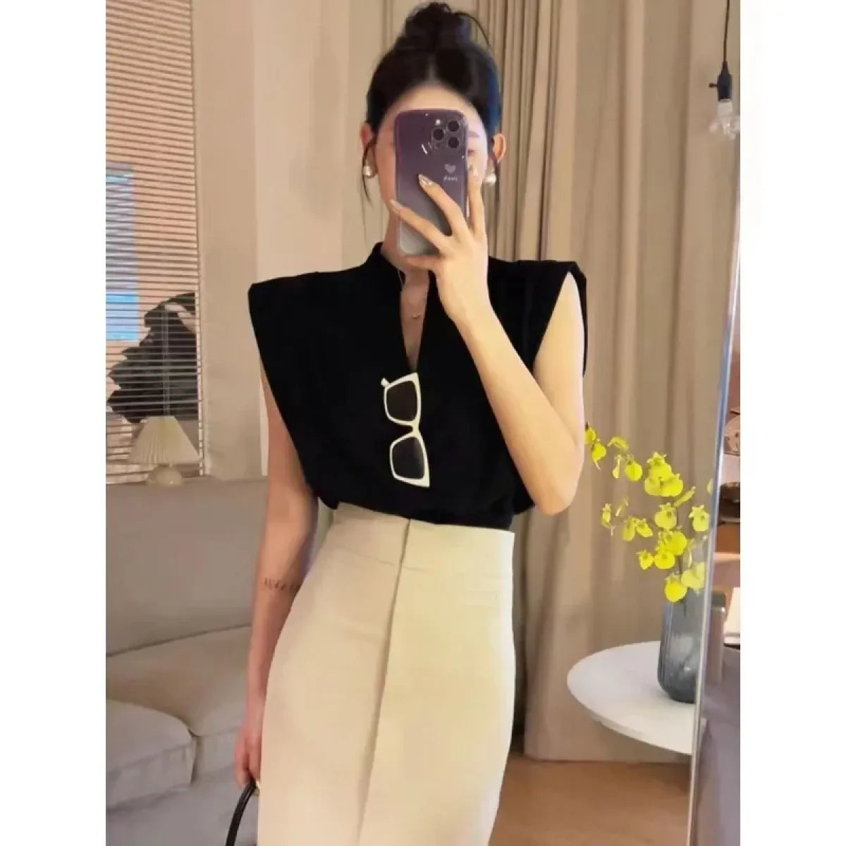 V-Neck Sleeveless Blouse – Korean Style Elegant Chic Office Wear