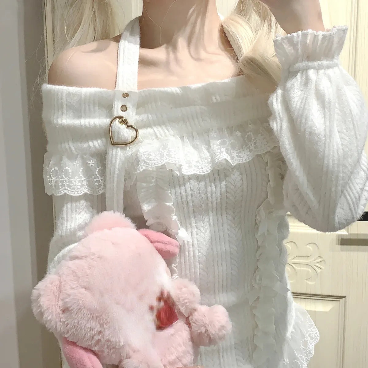 Kawaii Lace Patchwork Knit Top – Halter Neck Lolita Sweater