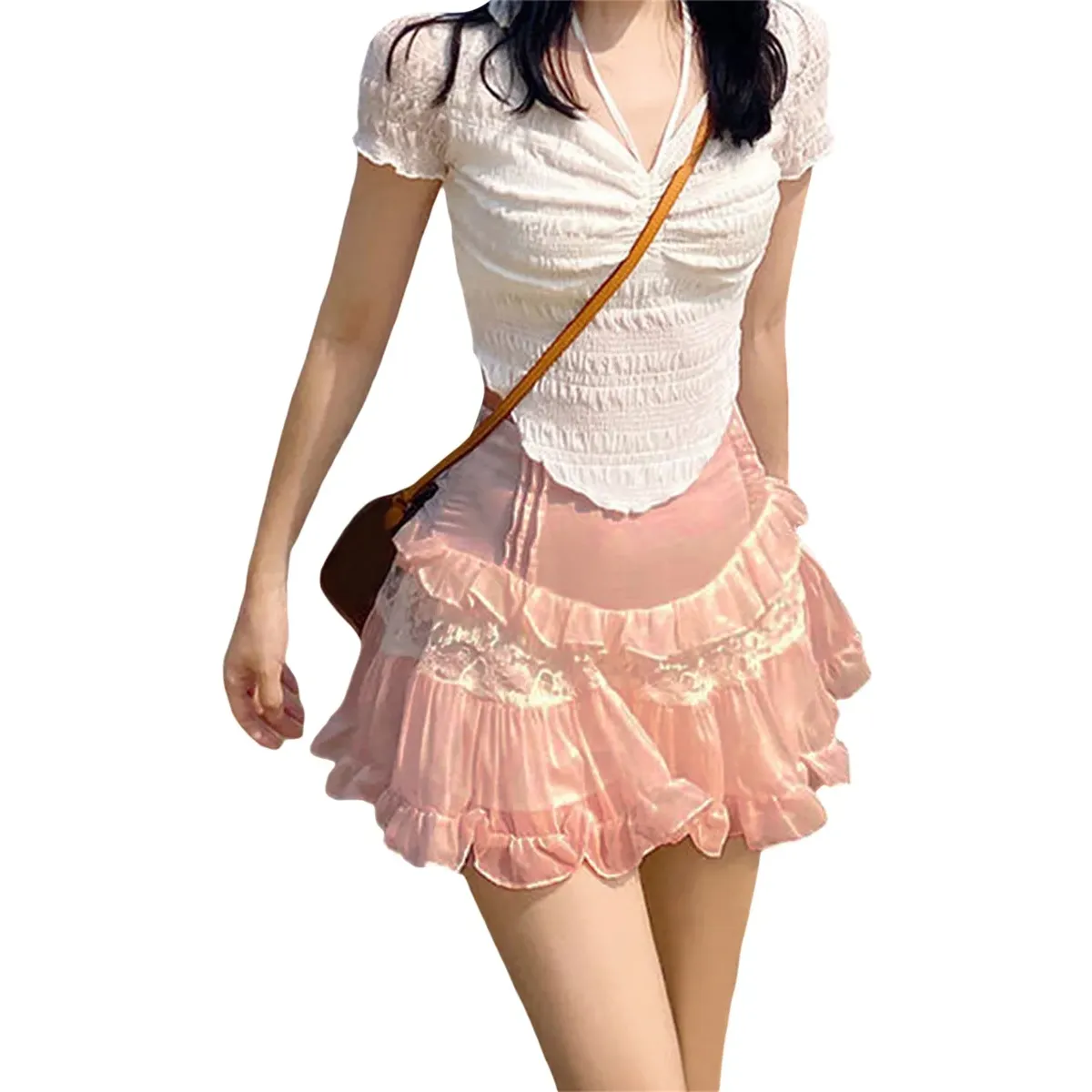 High-Waist Lace Ruffle Mini Skirt - Summer A-Line Patchwork