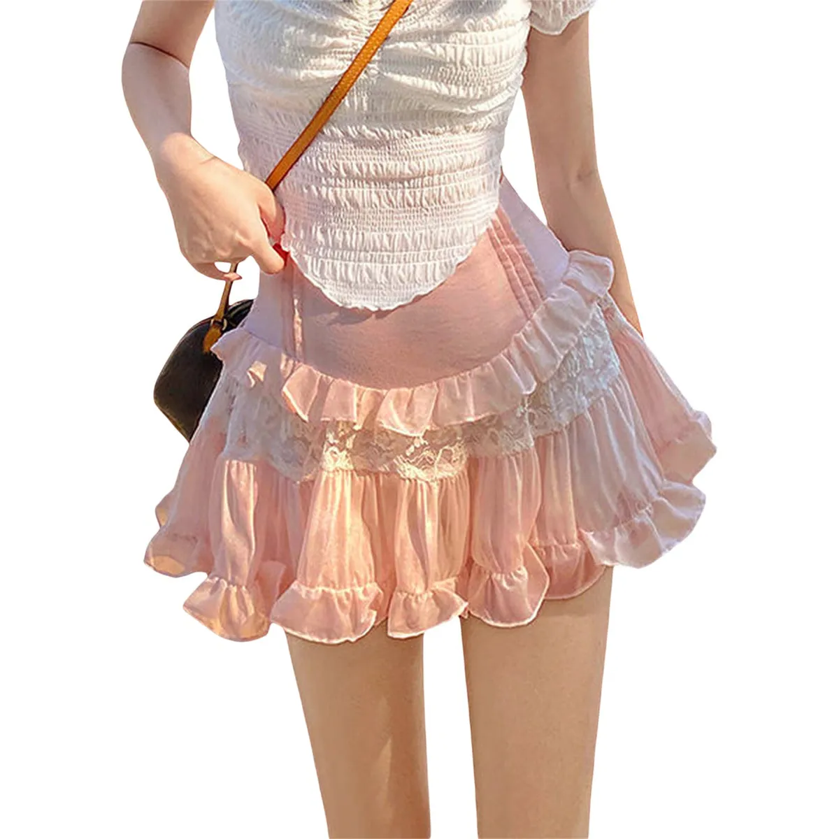 High-Waist Lace Ruffle Mini Skirt - Summer A-Line Patchwork