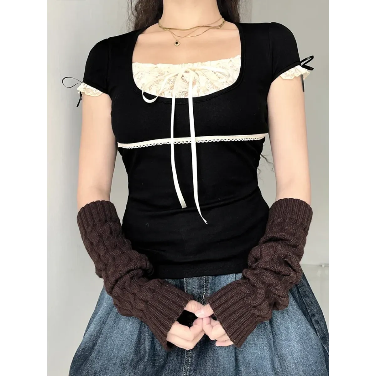 Lace Trim Crop Top: Sweet Square Neck Harajuku Tee