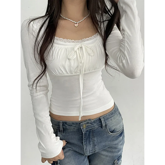 Lace Trim Long Sleeve Top - Ruched Tie-Up T-Shirt