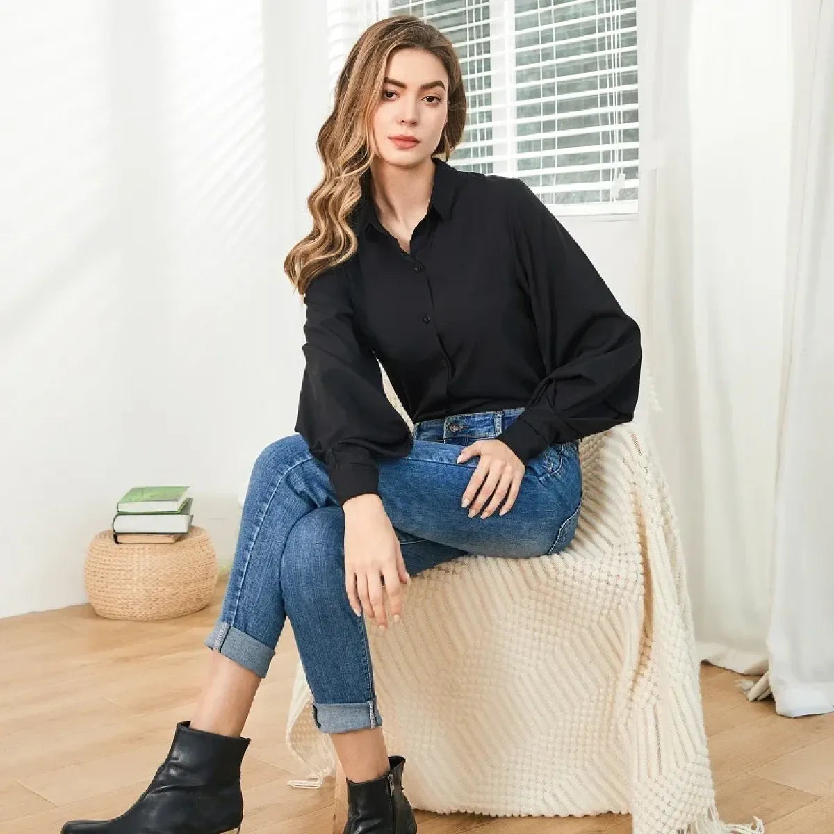 Lantern Sleeve Blouse – Elegant Vintage Button-Up Shirt