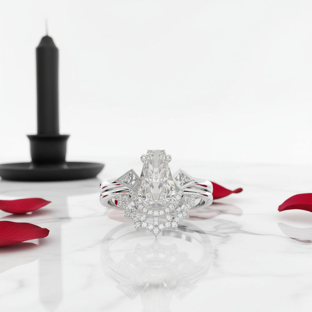 LOVE SPELL- Coffin Cut Diamond Spider Web Gothic Wedding Ring Set