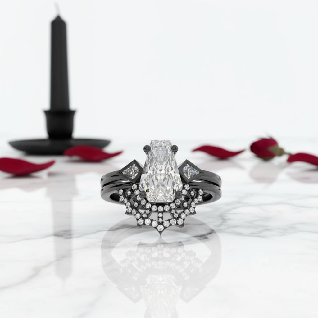 LOVE SPELL- Coffin Cut Diamond Spider Web Gothic Wedding Ring Set
