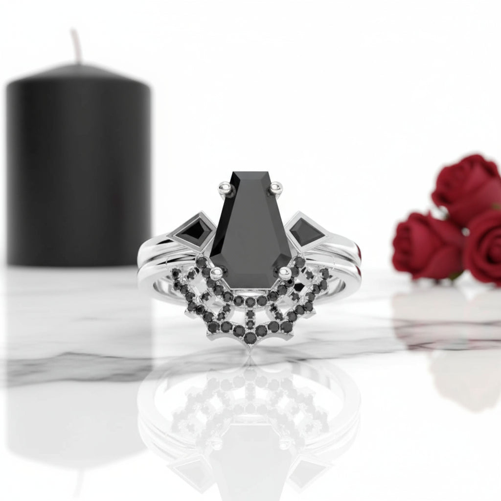 LOVE SPELL- Coffin Cut Diamond Spider Web Gothic Wedding Ring Set