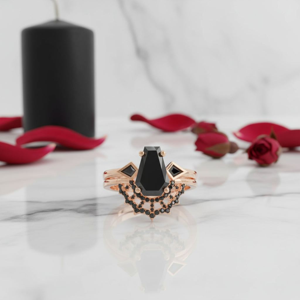 LOVE SPELL- Coffin Cut Diamond Spider Web Gothic Wedding Ring Set