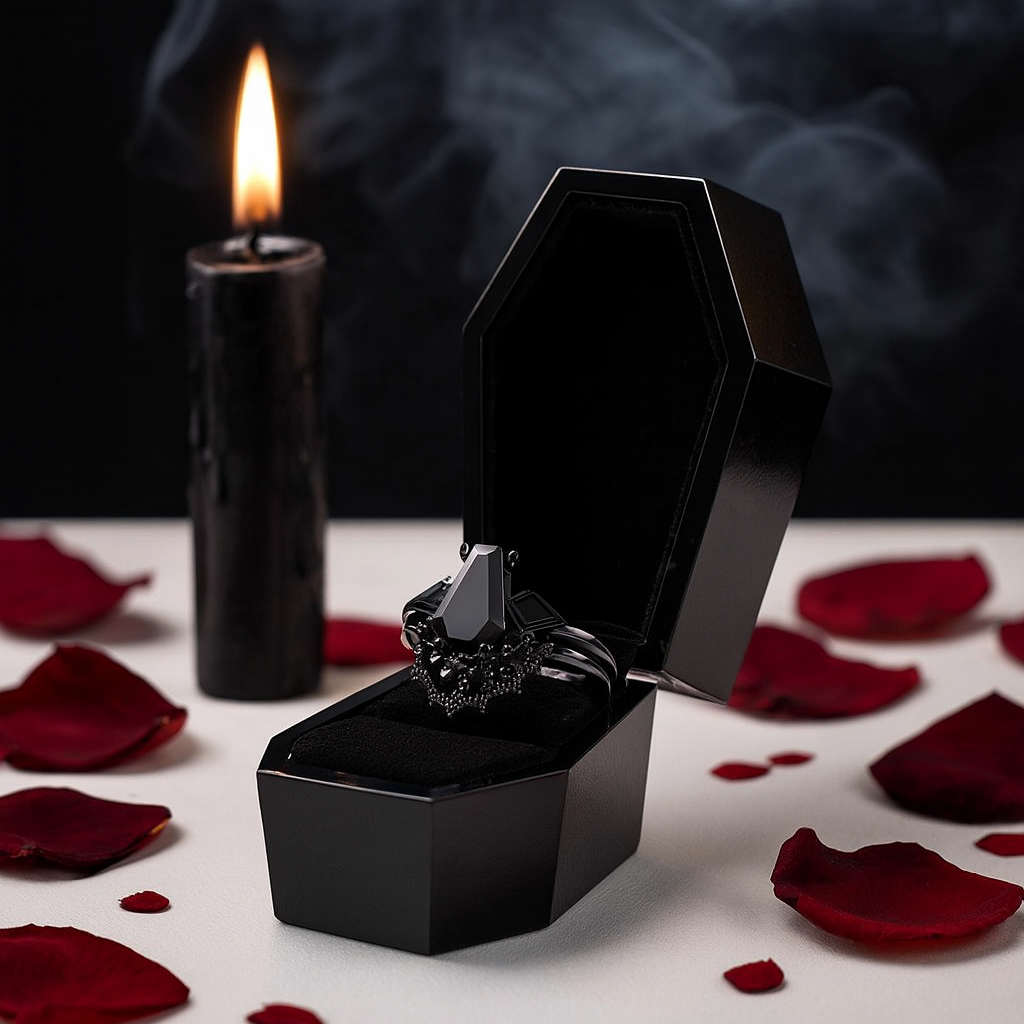 LOVE SPELL- Coffin Cut Diamond Spider Web Gothic Wedding Ring Set