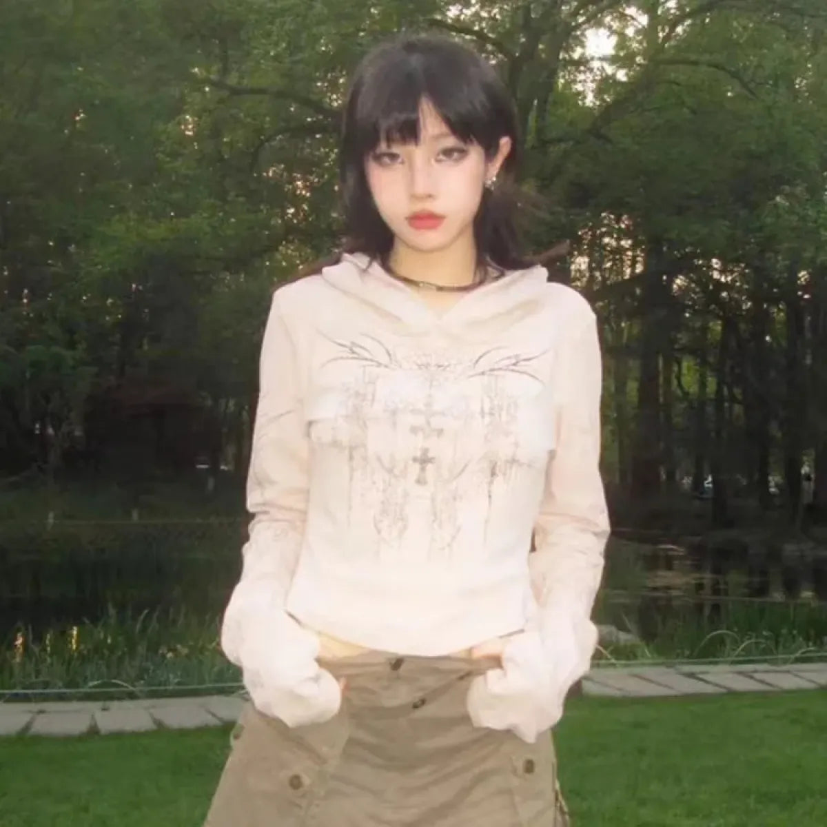 Gothic Print Hoodie – Y2K E-Girl Long Sleeve Harajuku Top