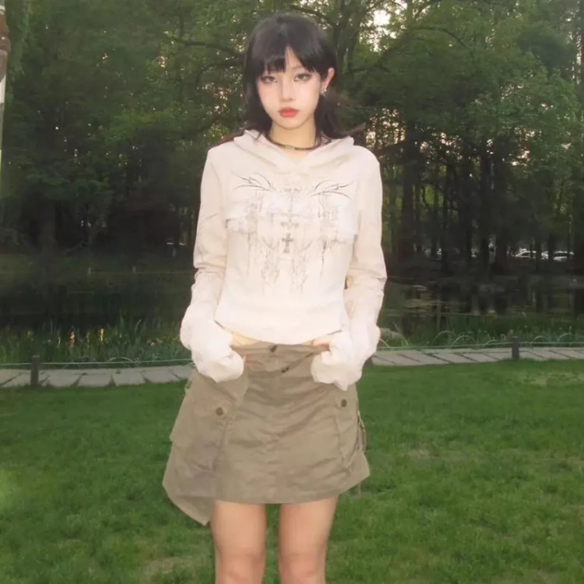 Gothic Print Hoodie – Y2K E-Girl Long Sleeve Harajuku Top