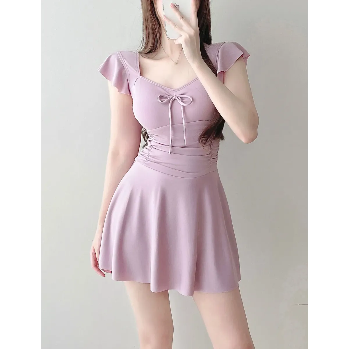 Mauve Ruffle Sleeve One Piece Swimsuit – Bow Detail Mini Dress Style