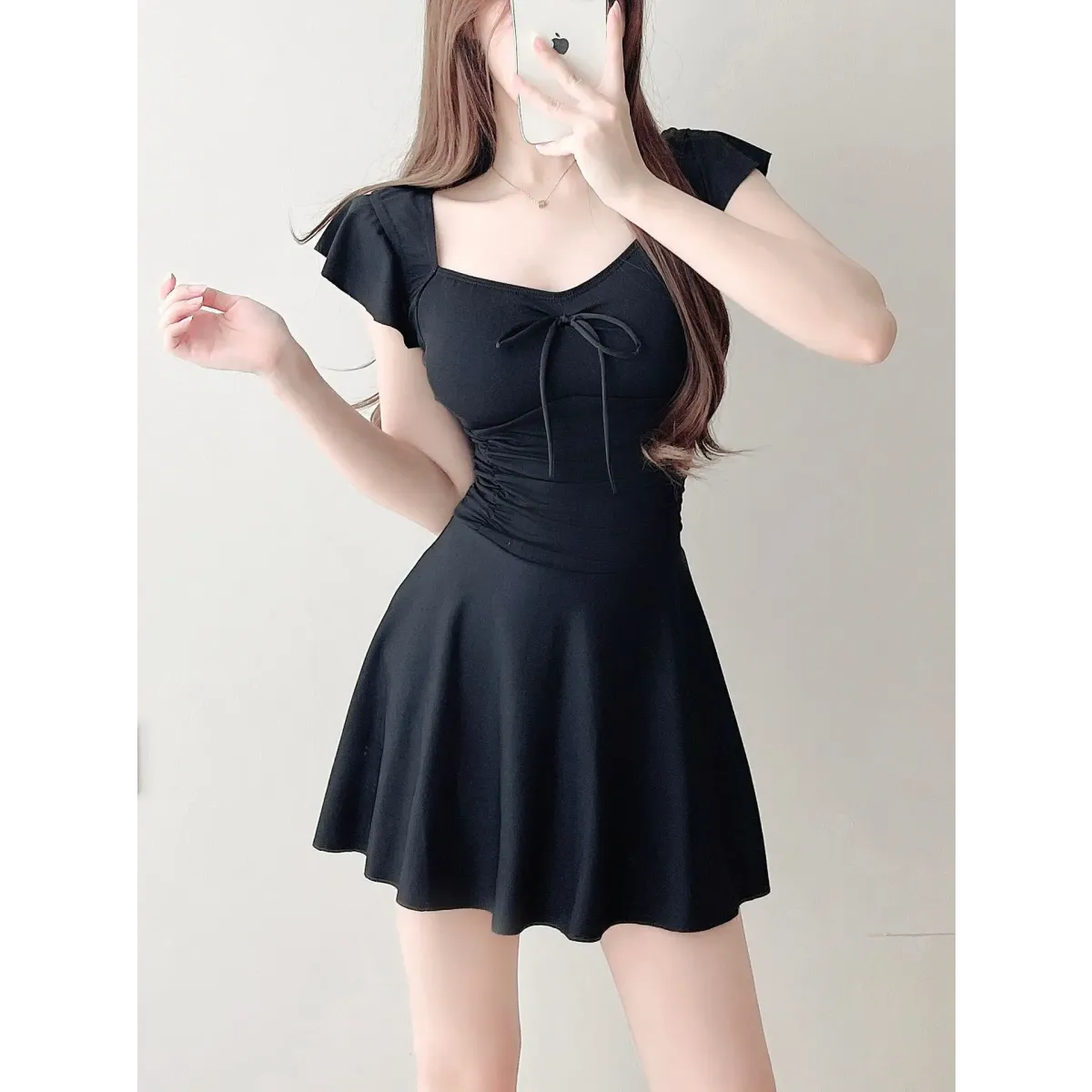 Mauve Ruffle Sleeve One Piece Swimsuit – Bow Detail Mini Dress Style