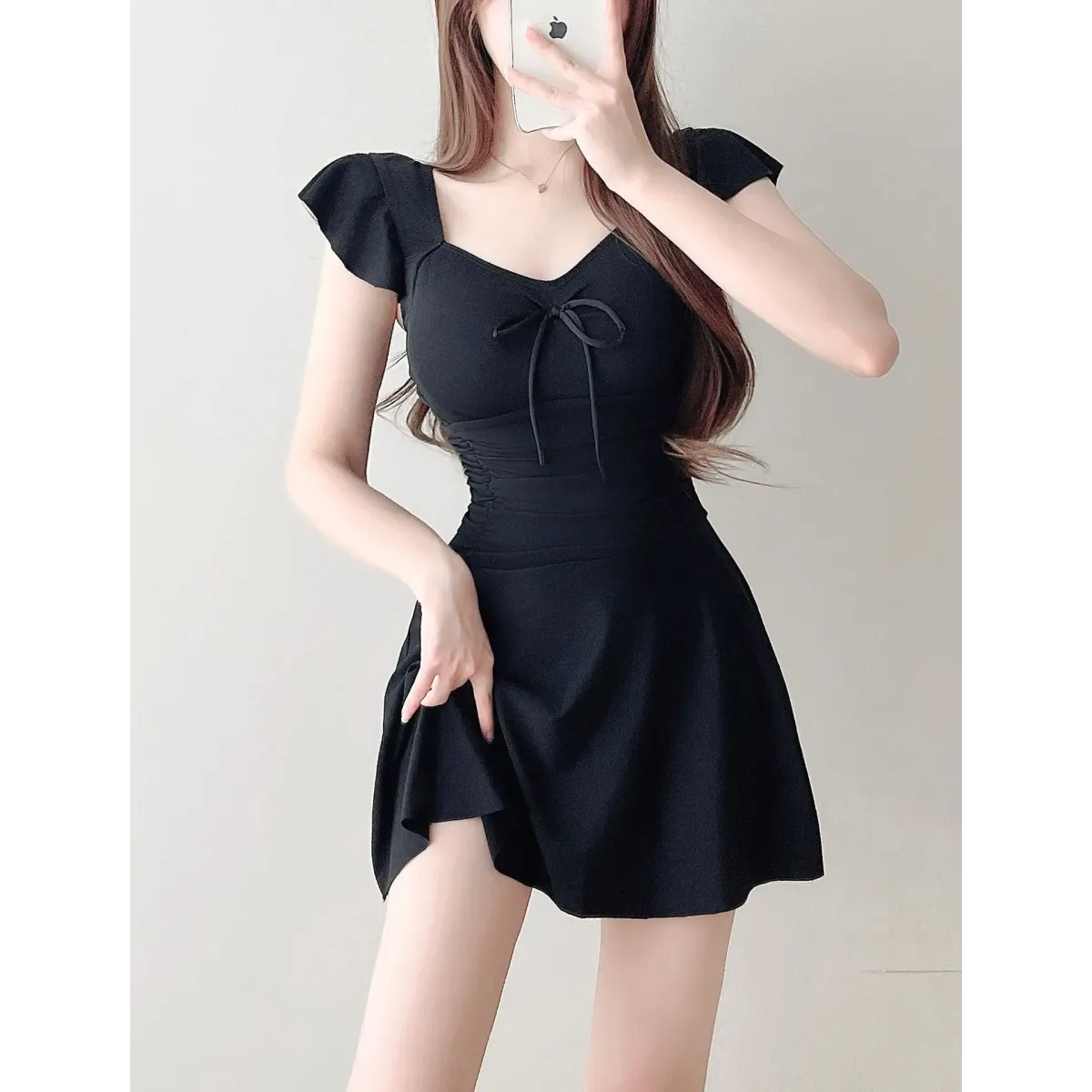 Mauve Ruffle Sleeve One Piece Swimsuit – Bow Detail Mini Dress Style