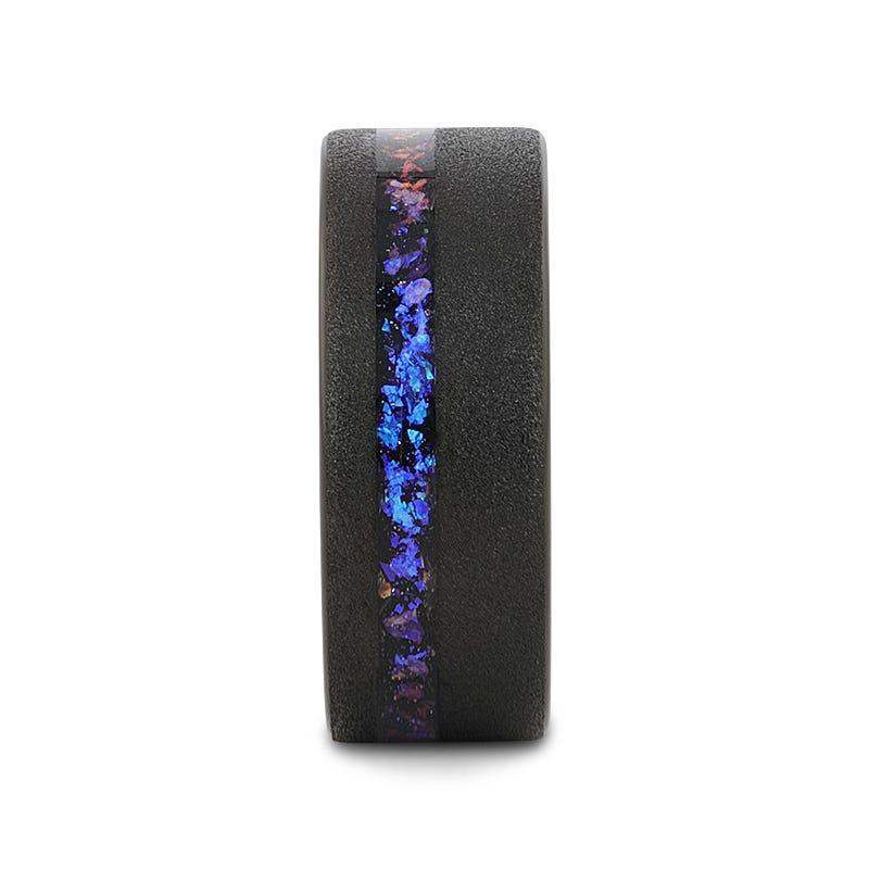 MIRAGE Sandblasted Black Tungsten Ring with Crushed Alexandrite and Dark Blue/Purple Crushed Goldstone – 8mm