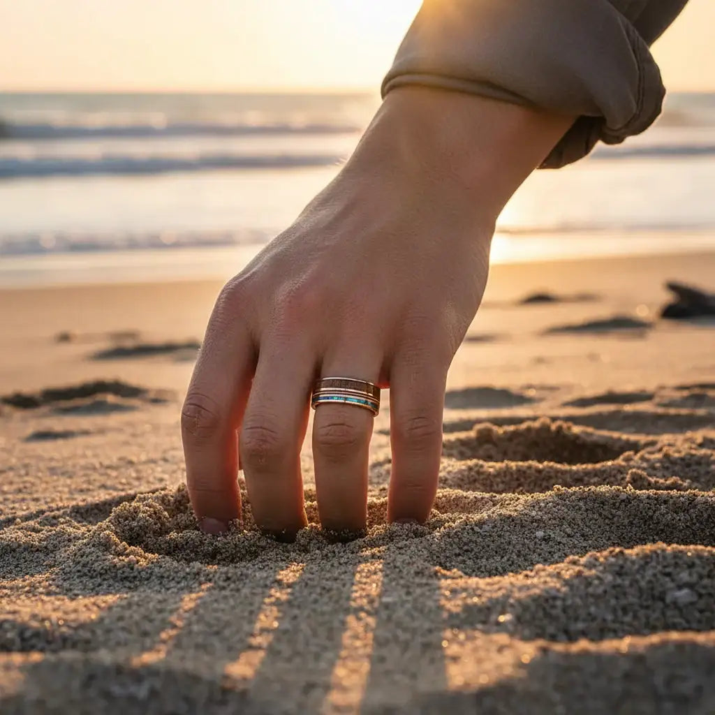 MOANA Smoked Rose Gold Tungsten Ring with Hawaiian Koa Wood, Abalone Shell & Guitar String – 8mm