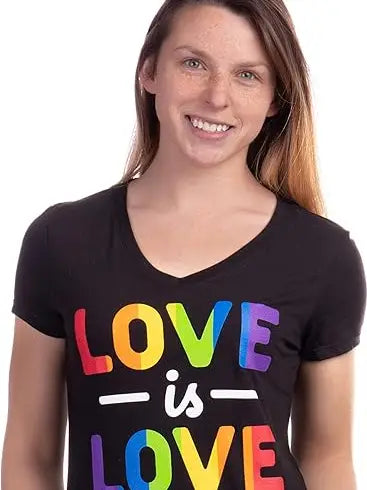 Front view of women’s V‑neck Love Is Love Pride T‑shirt