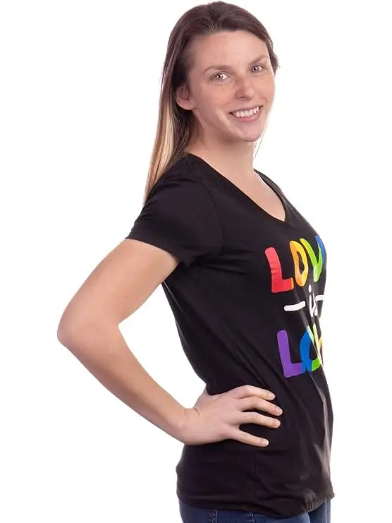 Side view of women’s V‑neck Love Is Love LGBTQ Pride T‑shirt