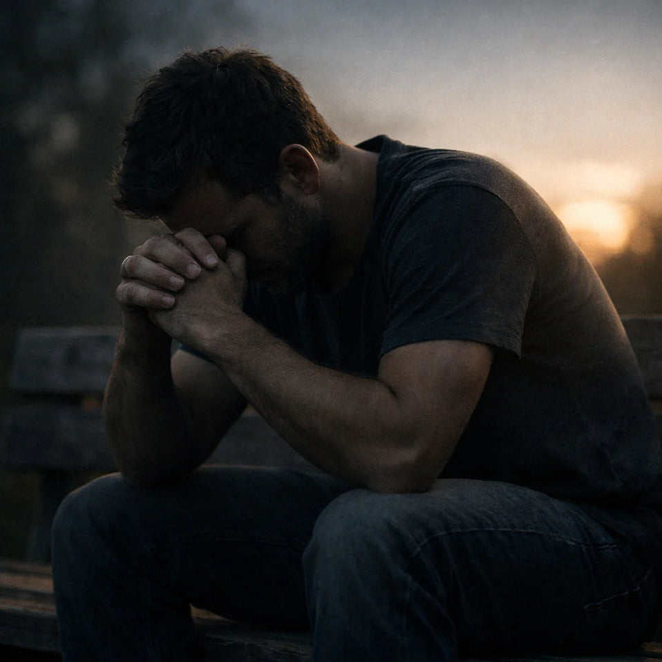 Man sitting alone on a bench at sunset, leaning forward in quiet reflection, symbolizing men’s mental health awareness