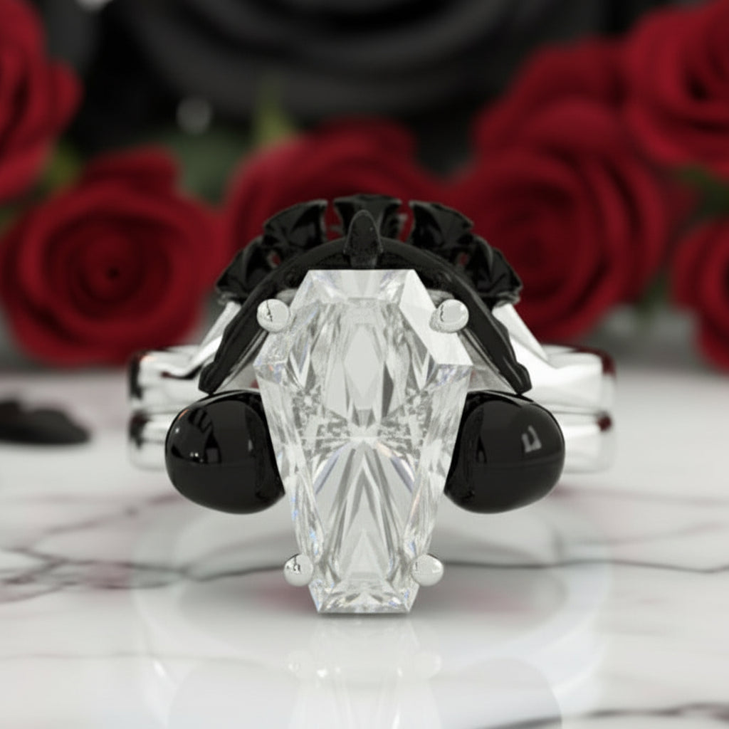 My Ever After Ring - Coffin Cut Diamond Option with Skulls, Bat and Roses Promise Ring