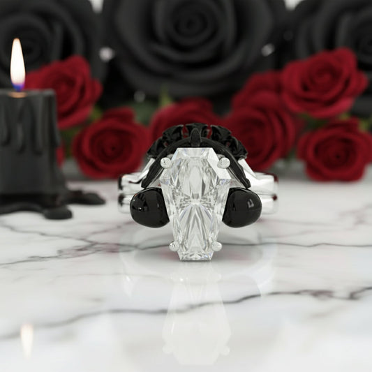 My Ever After Ring with Coffin Cut Diamond Option with Skulls, Bat and Roses Promise Ring