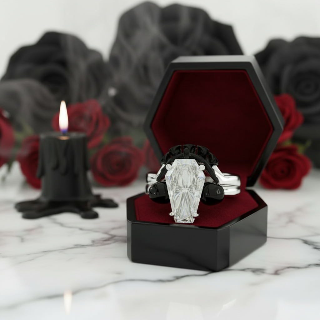 My Ever After Ring with Coffin Cut Diamond Option with Skulls, Bat and Roses Promise Ring